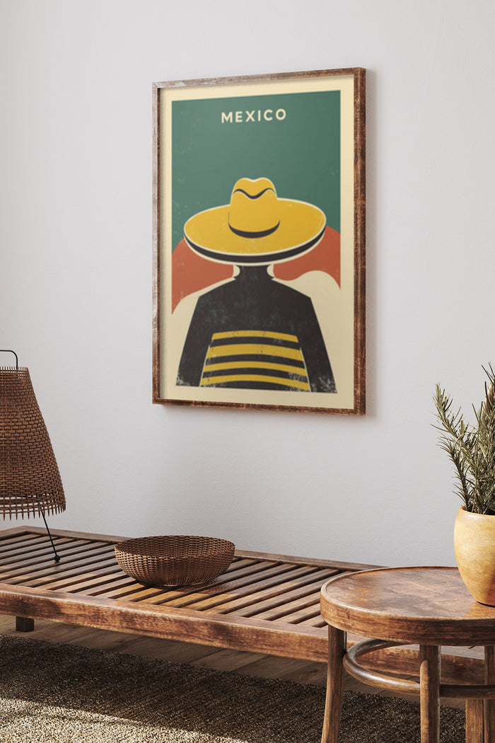 Vintage style travel poster promoting Mexico featuring an iconic sombrero hat