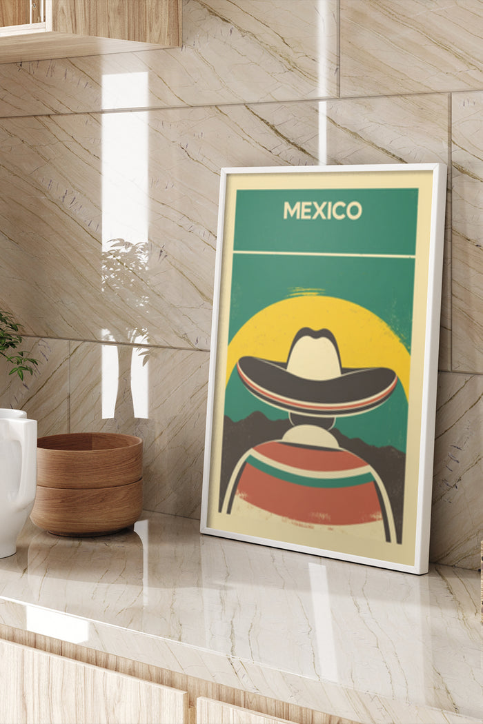 Vintage style Mexico travel poster featuring a sombrero and bold colors on display
