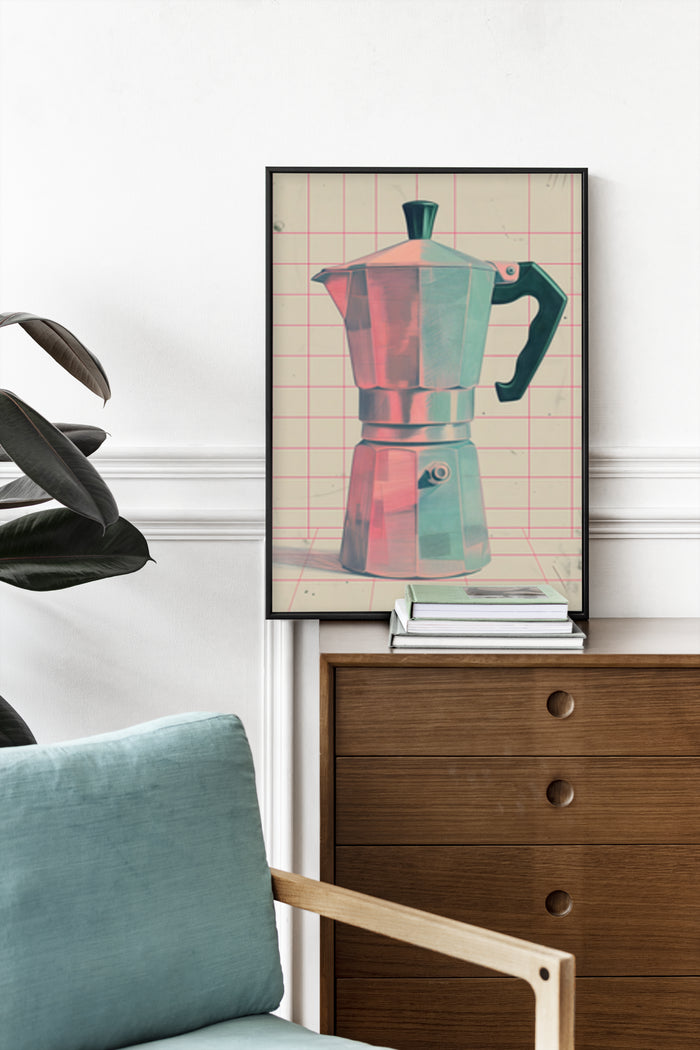 Retro style poster of a vintage moka pot coffee maker on a gridded background