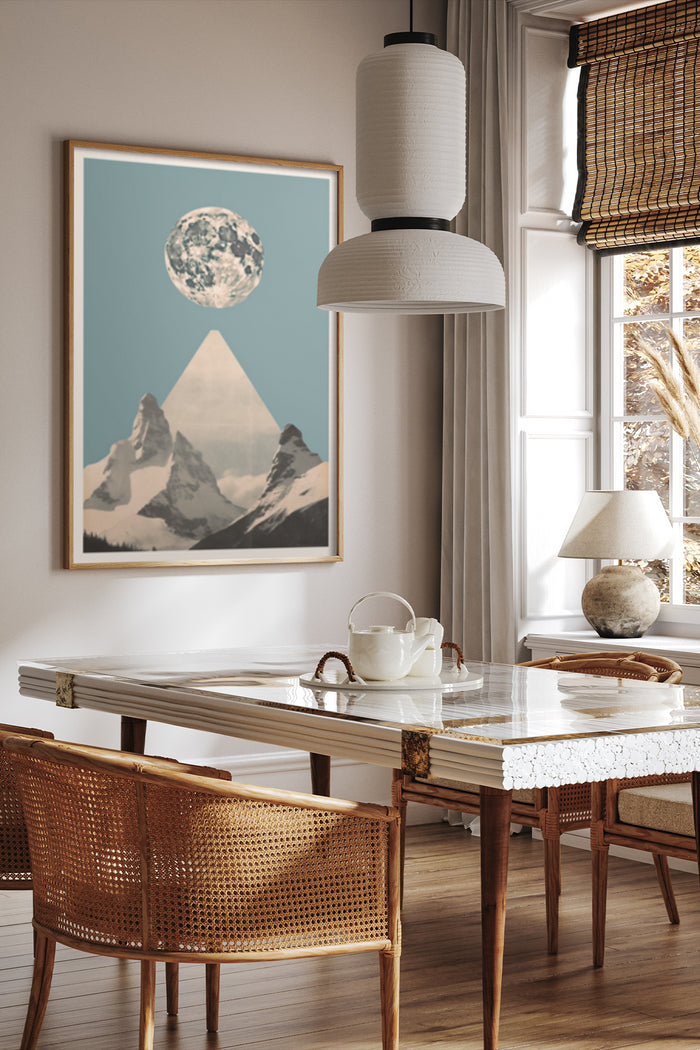Vintage style poster of moon over mountain peaks in a modern interior setting