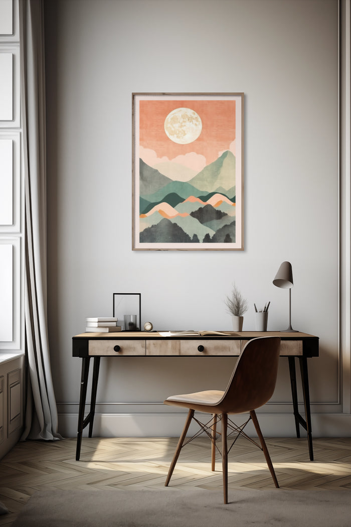 Vintage style poster of a moon over mountains in interior setting
