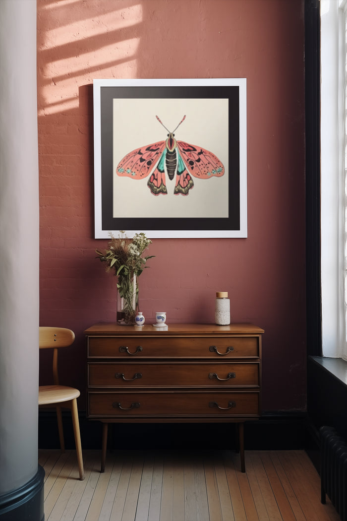 Vintage colorful moth illustration poster in stylish interior setting with mid-century modern furniture
