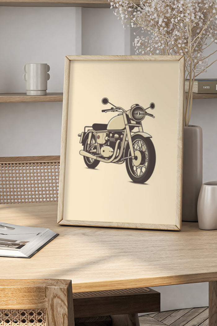Vintage motorcycle illustration poster in wooden frame as home decor