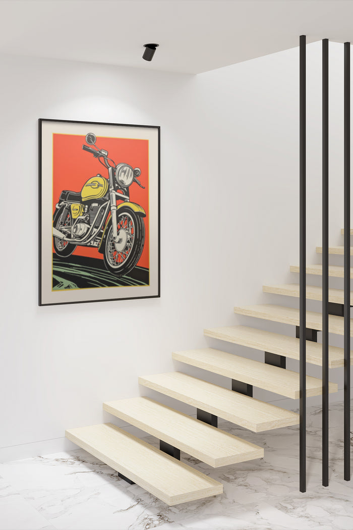 Vintage motorcycle poster with yellow and black motorcycle on red background displayed in modern home interior