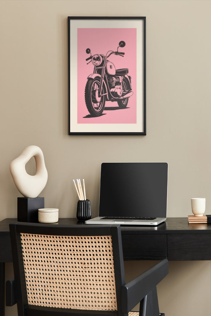Vintage Motorcycle Poster Art in Stylish Home Office Setting