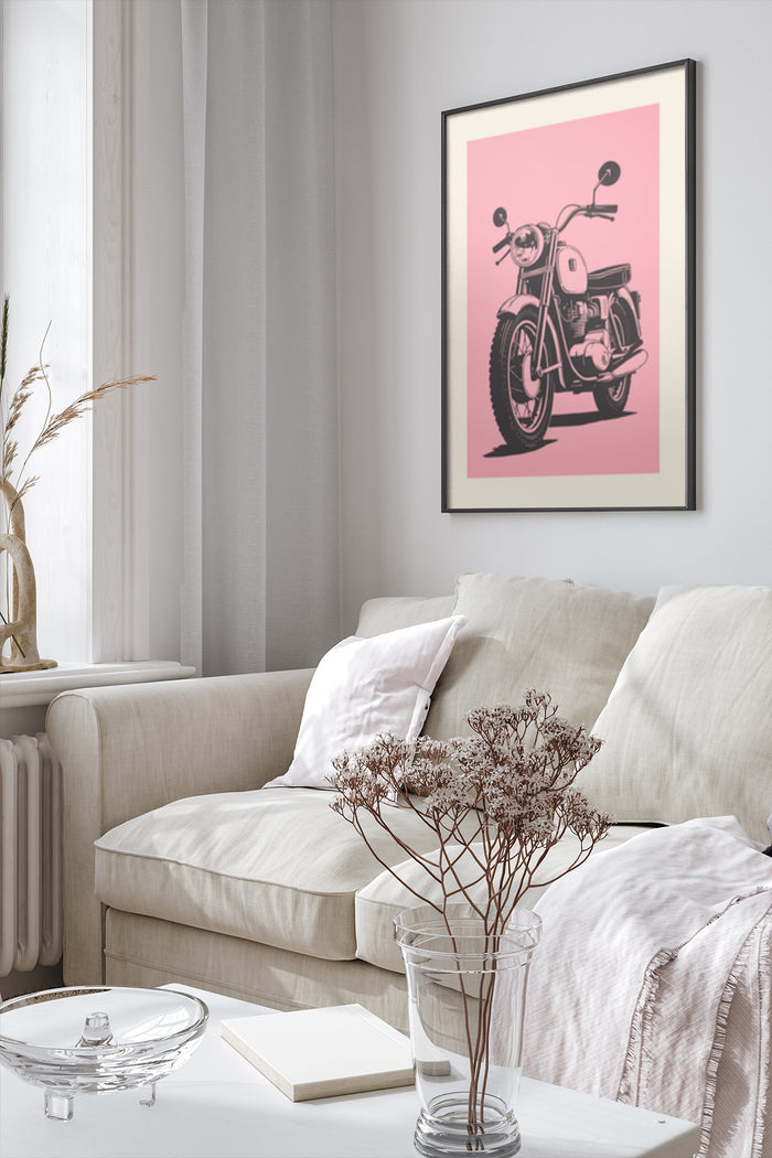 Vintage motorcycle poster art displayed in a stylish modern living room interior