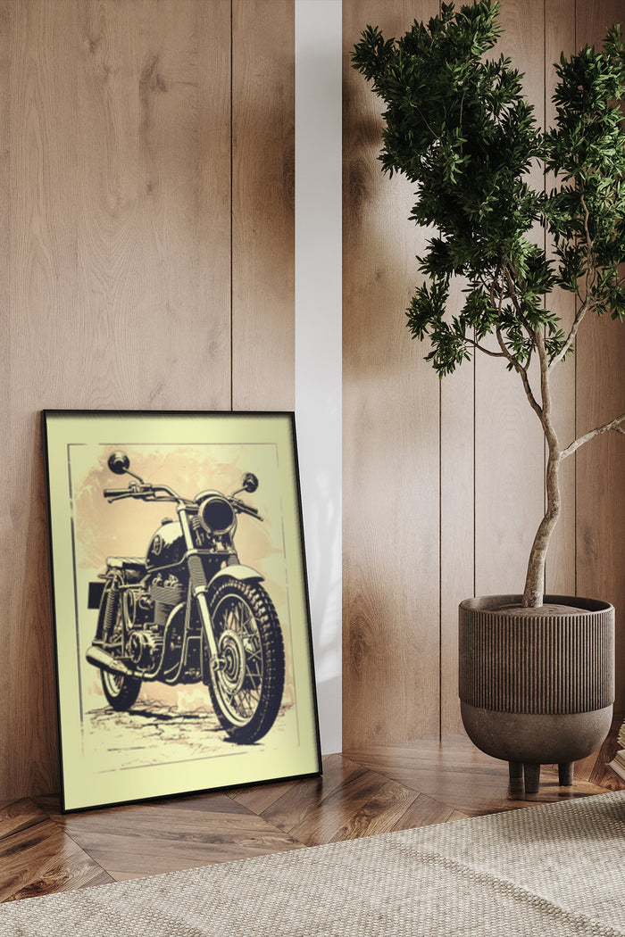 Vintage motorcycle poster art displayed in a modern interior next to a potted plant
