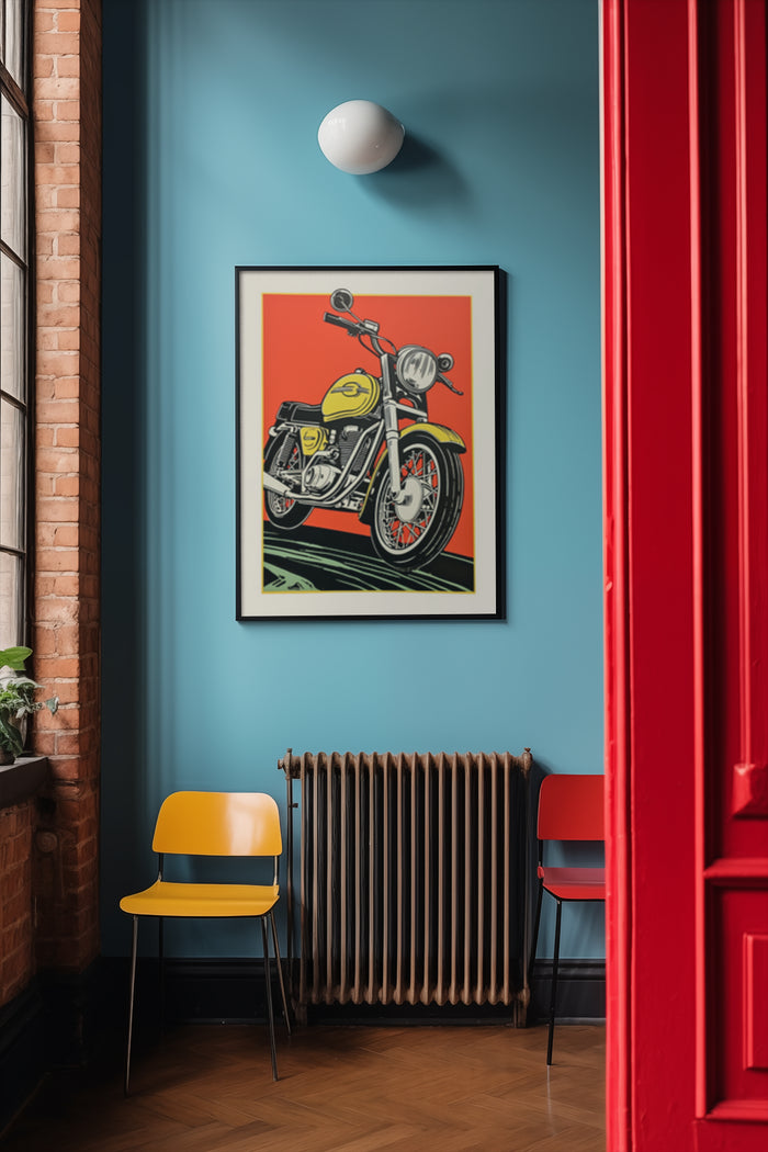 Vintage motorcycle poster with yellow helmet in stylish interior setting