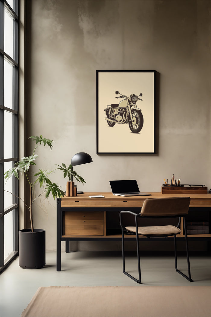Vintage motorcycle poster framed on wall in a stylish modern office with wooden desk and houseplants