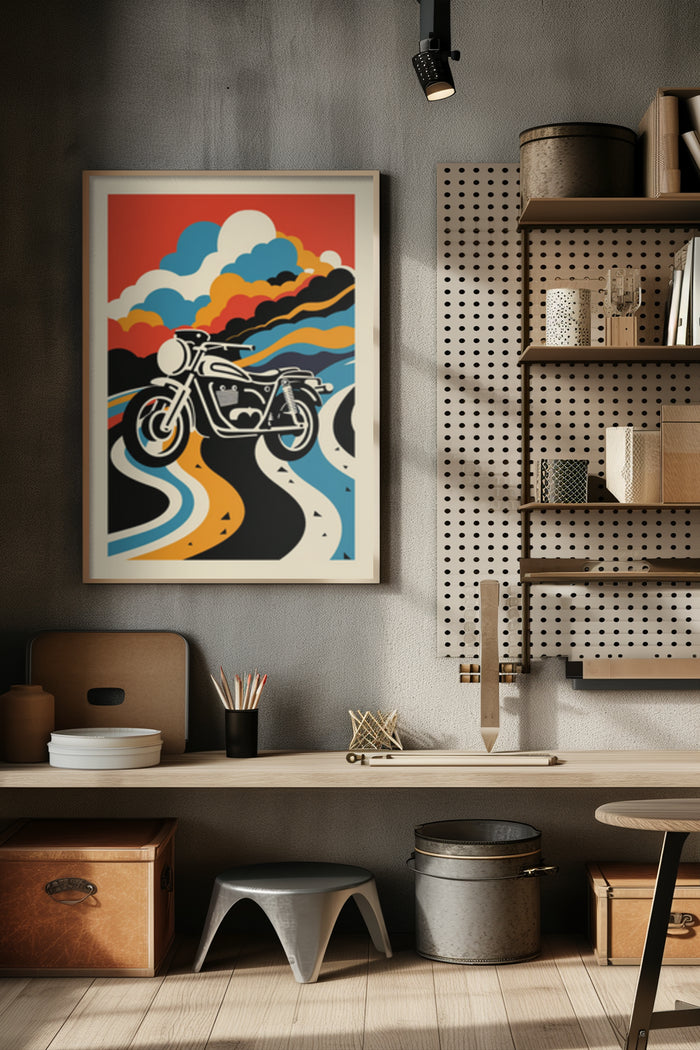 Stylish vintage motorcycle poster artwork with colorful abstract design displayed in a contemporary home office setting