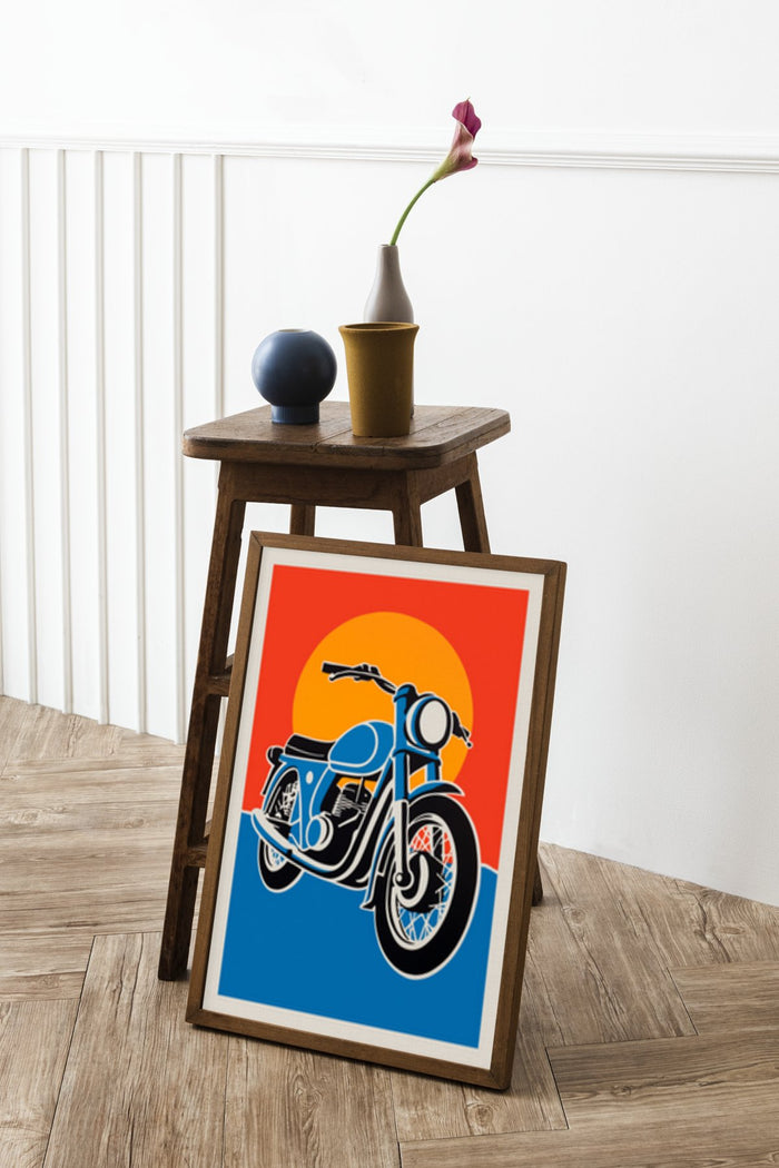 Retro styled motorcycle poster art in modern interior setting