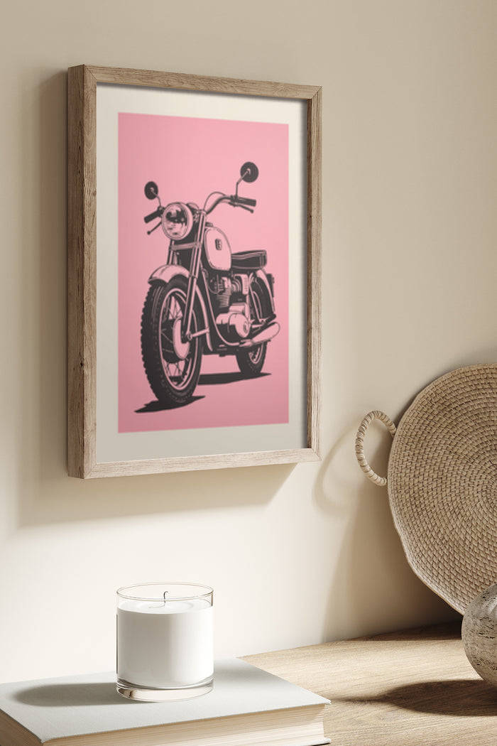 Vintage motorcycle illustration on pink background framed poster