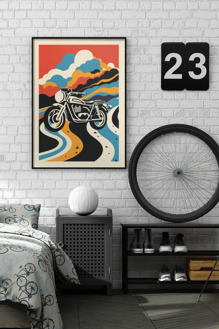 Retro style motorcycle poster with vibrant colors showcased in a stylish bedroom setting