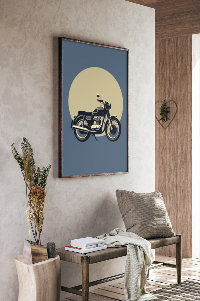 Stylish vintage motorcycle poster with yellow and blue colors displayed in a contemporary room decor