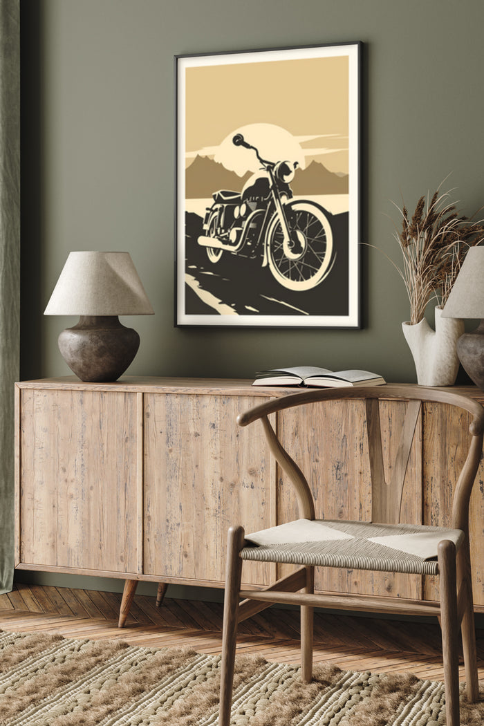 Vintage-style motorcycle artwork poster displayed in a contemporary living room setting