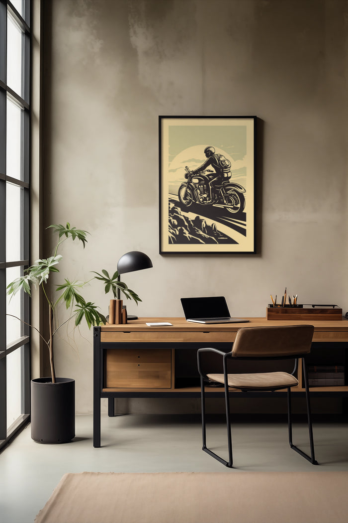 Vintage style motorcycle poster framed on wall in contemporary home office with laptop on desk