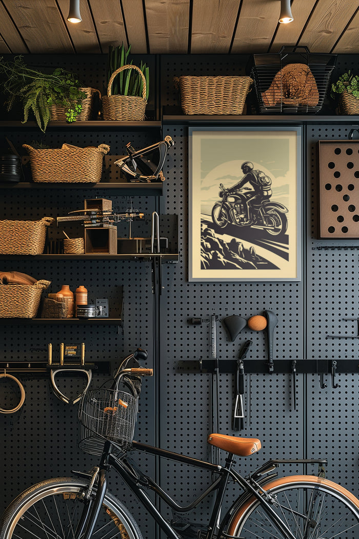 Vintage Motorcycle Poster Artwork in a Modern Stylish Interior with Bicycle and Shelves Decor