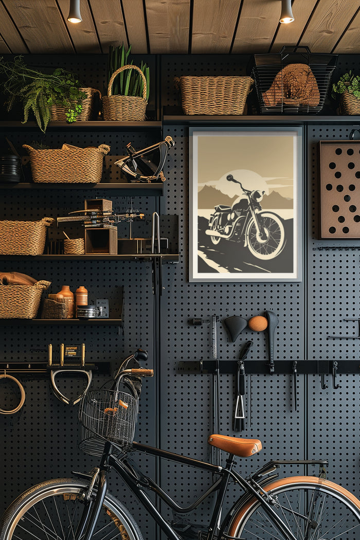 Interior design with vintage motorcycle poster, chic storage baskets, and stylish bicycle