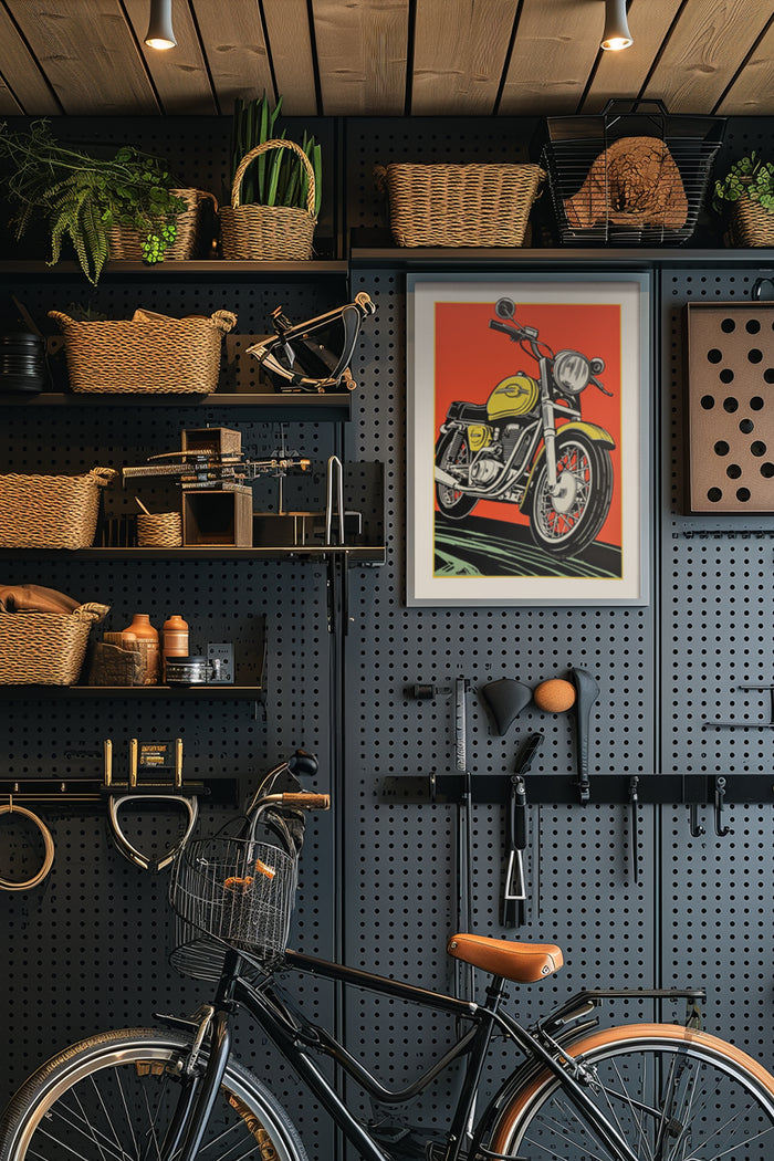 Vintage Motorcycle Artwork in Stylish Home Interior with Shelving and Bicycle