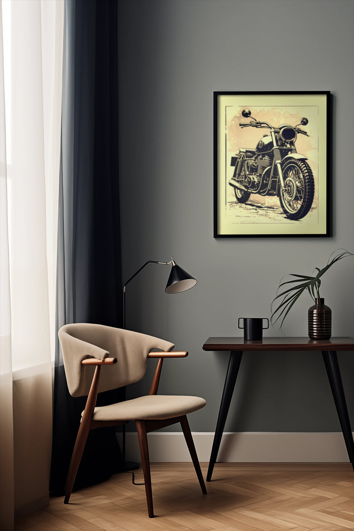 Vintage motorcycle poster framed on a wall in a stylish interior setting