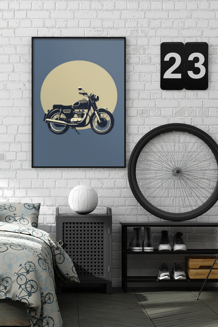 Vintage style motorcycle poster in modern bedroom setting