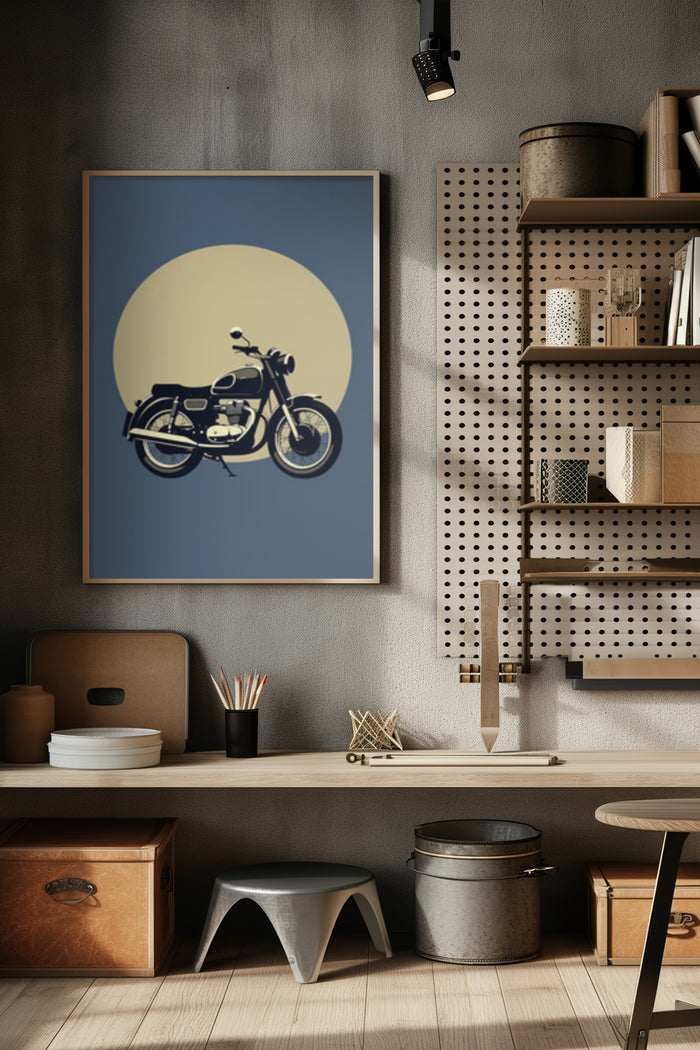 Vintage minimalist motorcycle poster in stylish interior setting