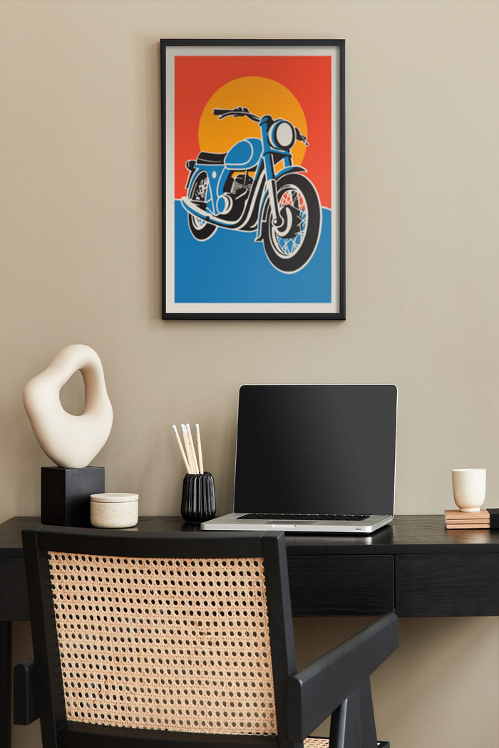 Vintage Motorcycle Poster with Red and Blue Sunset Wall Art in Modern Office Setting