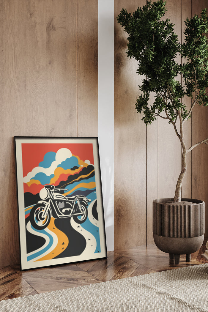 Colorful vintage motorcycle poster in retro style displayed in a modern interior setting