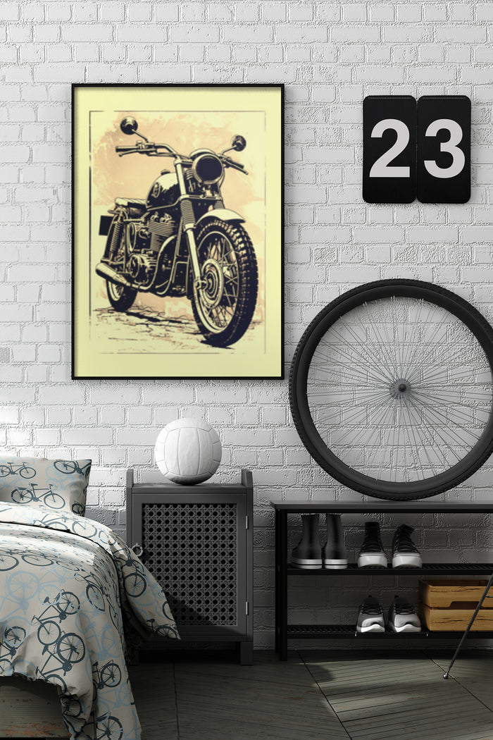 Vintage Motorcycle Poster Wall Art in Modern Bedroom Interior