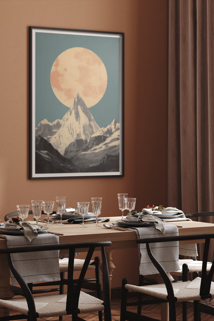 Vintage mountain landscape poster with moon in elegant dining room setting
