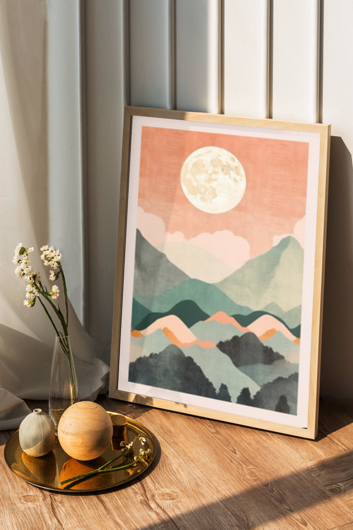 Vintage styled mountain landscape with moonlight poster in wooden frame
