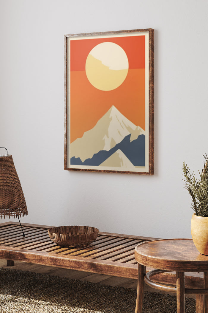 Vintage style sunset mountain landscape poster framed on a wall in a contemporary home interior