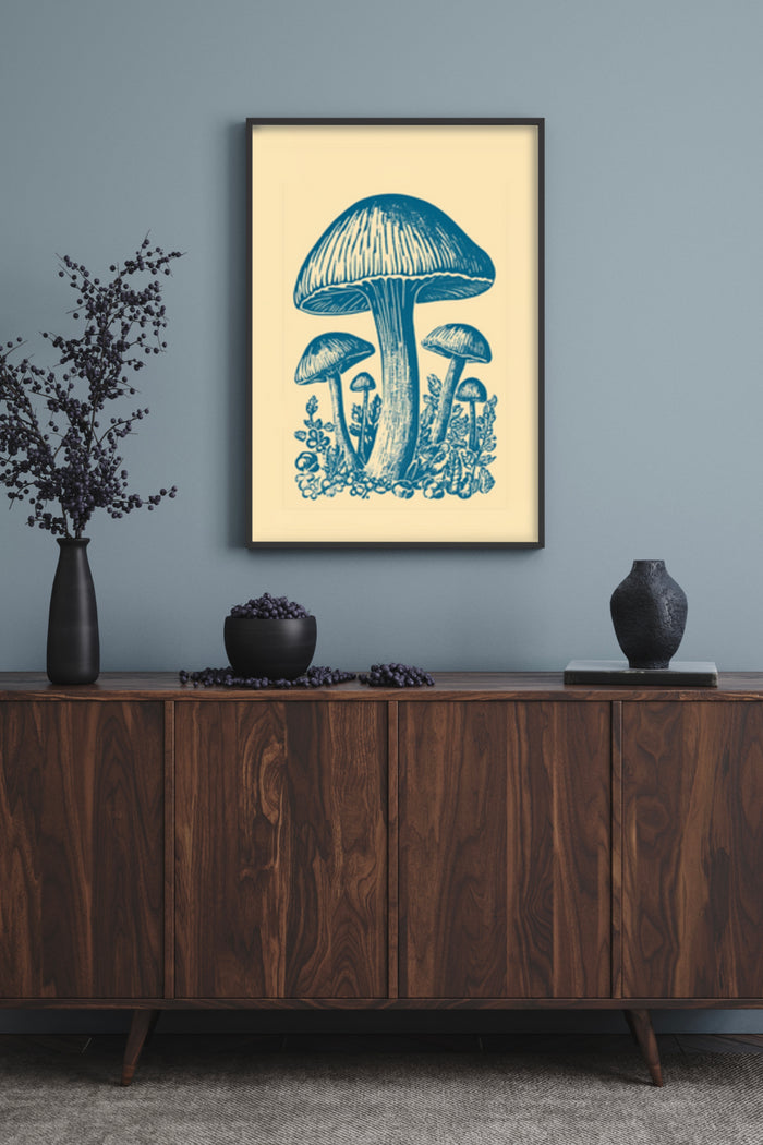 Vintage blue mushroom artwork on yellow background displayed in a contemporary room setting