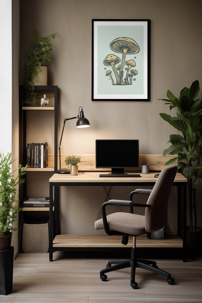 Vintage styled mushroom artwork poster framed on the wall in a modern home office interior with wooden desk and plants