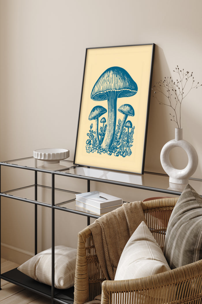 Vintage-style mushroom illustration poster in modern home decor setting