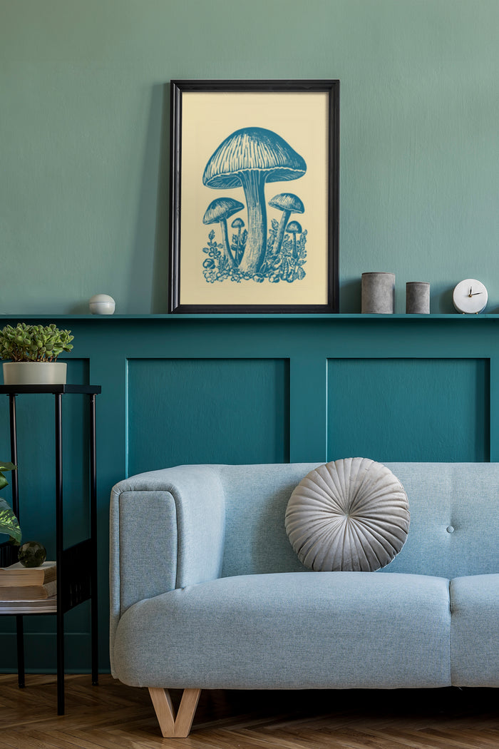 Vintage botanical illustration of mushrooms, art poster in stylish living room