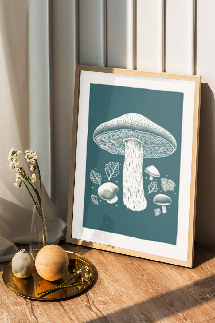 Vintage style mushroom illustration poster in a wooden frame with decorative objects on a tray