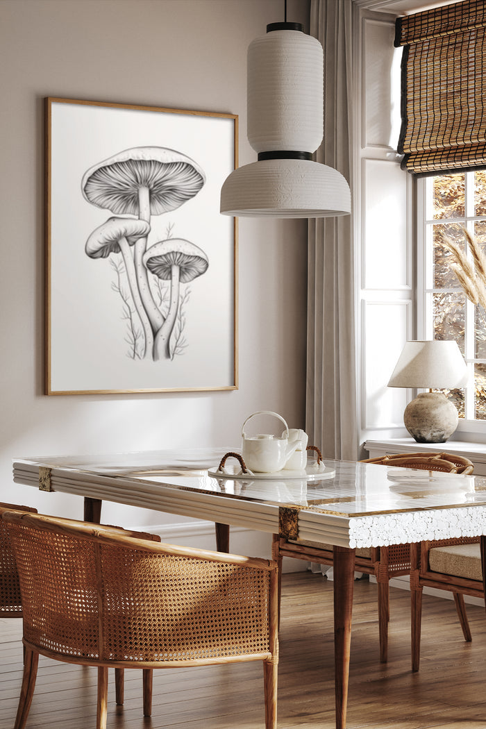 Vintage botanical sketch of mushrooms framed artwork in a modern dining room interior