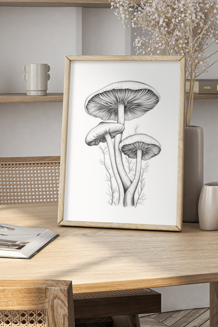 Monochrome vintage mushroom sketch in a wooden frame, displayed on a modern home interior shelf