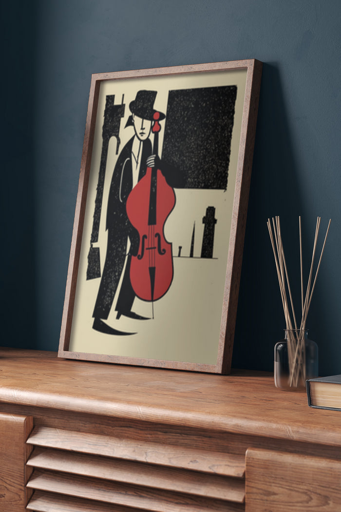 Stylized vintage poster of a musician with a cello in a modern interior setting