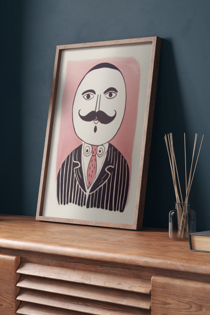 Vintage style framed poster of a man with a mustache in striped suit for modern home decor