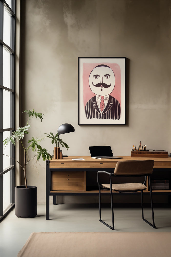 Modern home office interior with vintage styled mustachioed man poster on wall