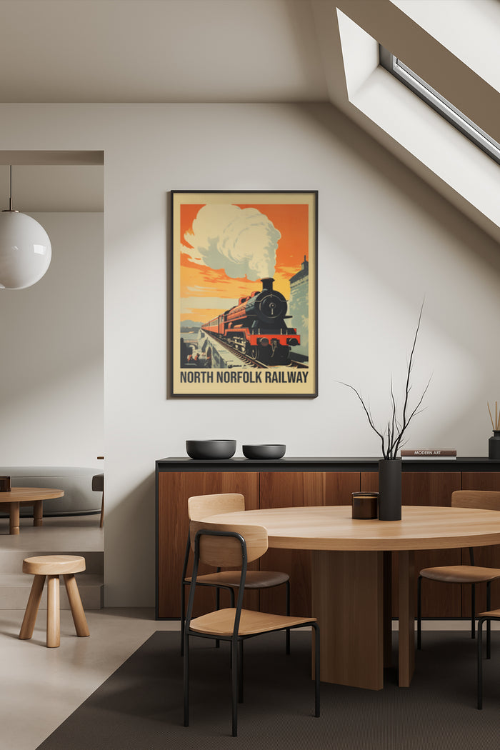 Vintage travel poster of North Norfolk Railway with steam train and sunset mounted on wall in stylish dining room
