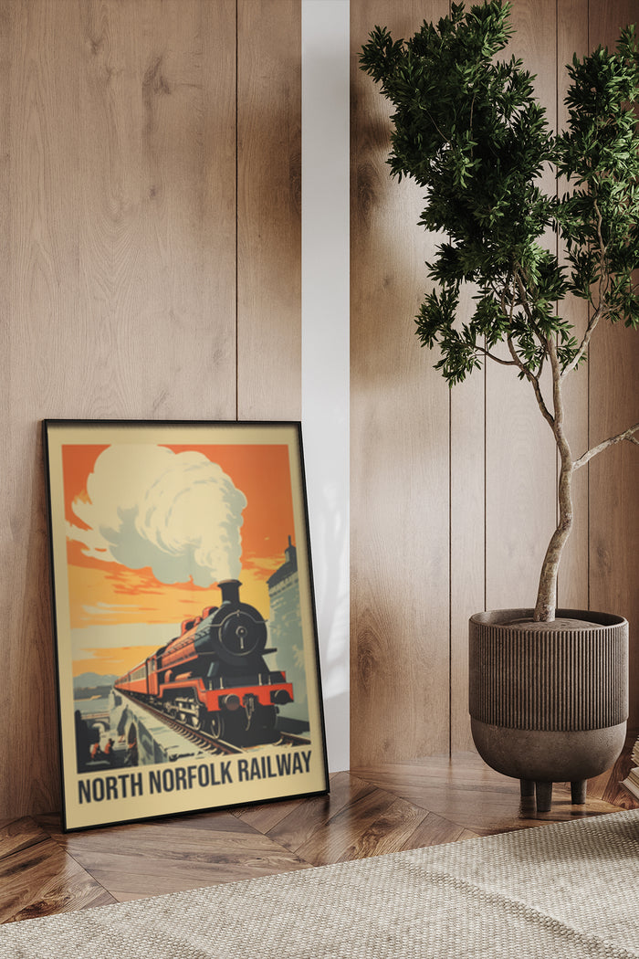 Vintage style poster of North Norfolk Railway with classic steam train and sunset