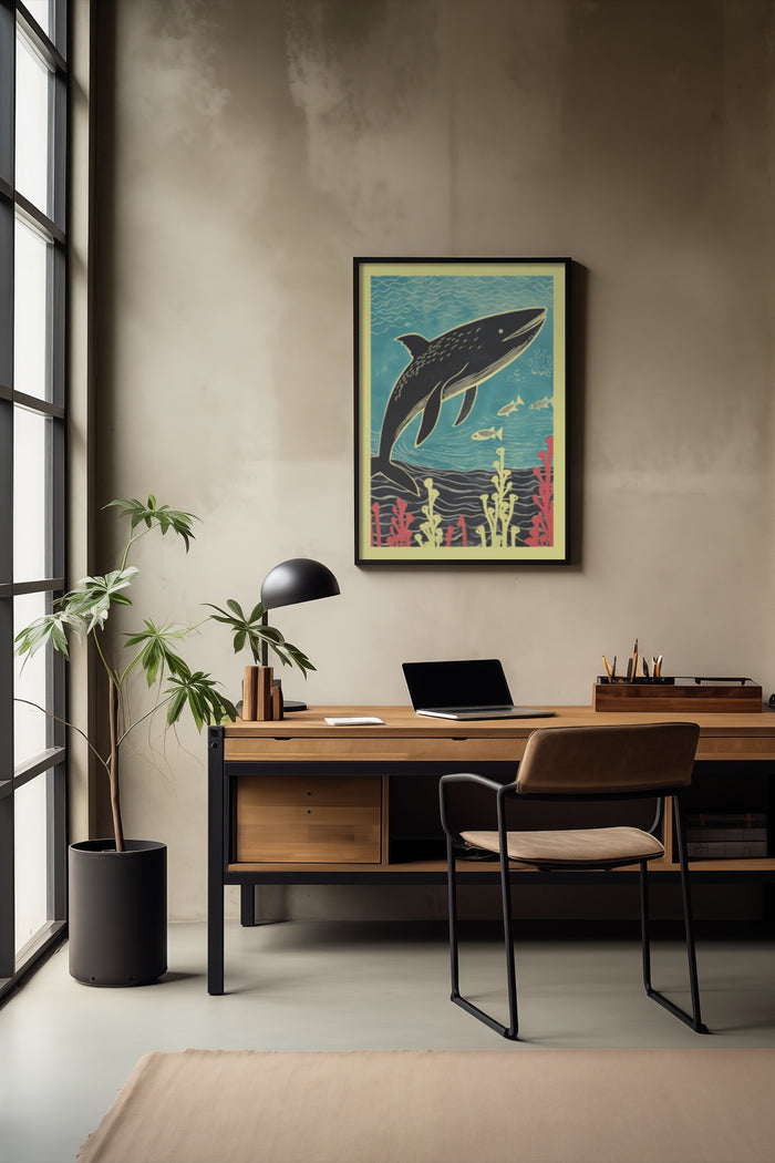 Vintage ocean-themed framed poster featuring a whale illustration in a stylish home office