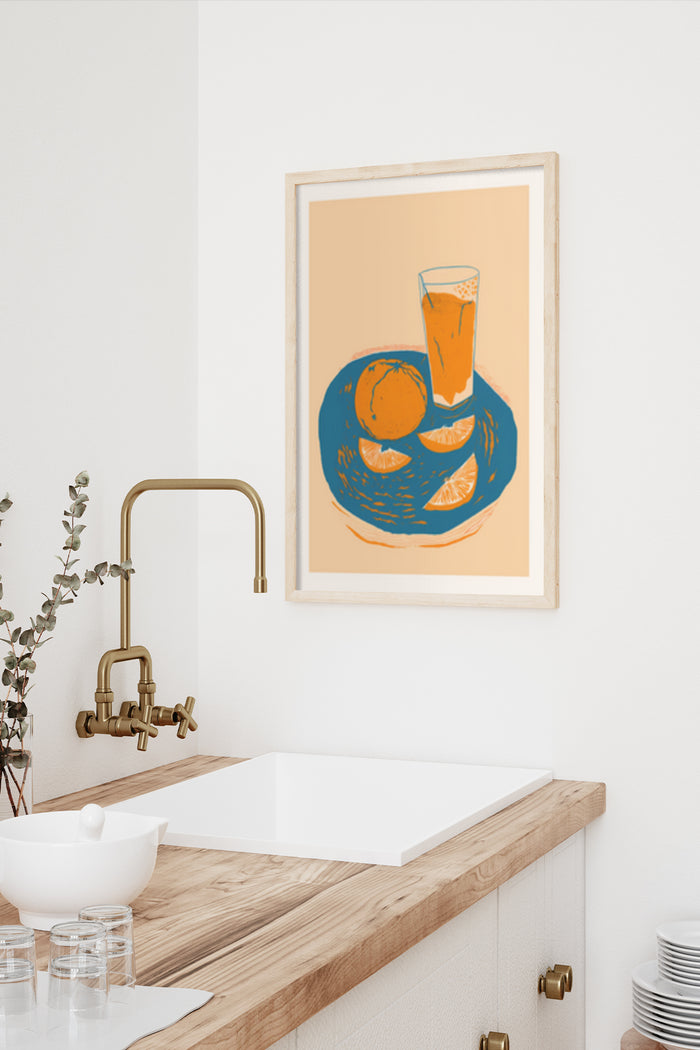 Vintage orange juice poster art displayed in modern kitchen setting enhancing home decor