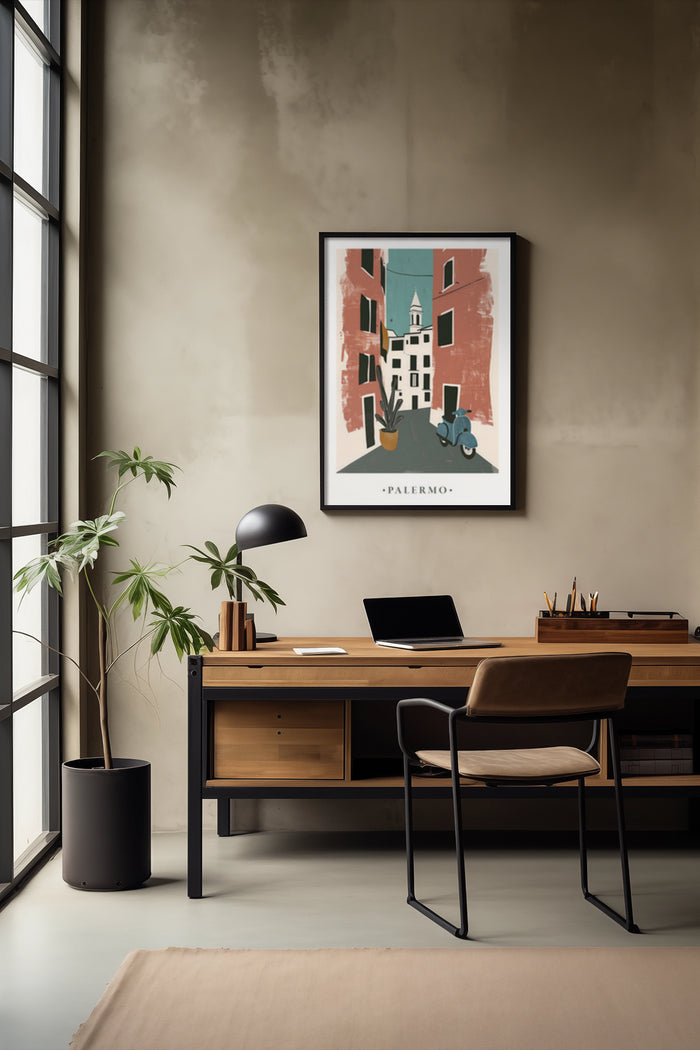 Vintage style travel poster of Palermo on a wall in a stylish home office setup with wooden desk and laptop