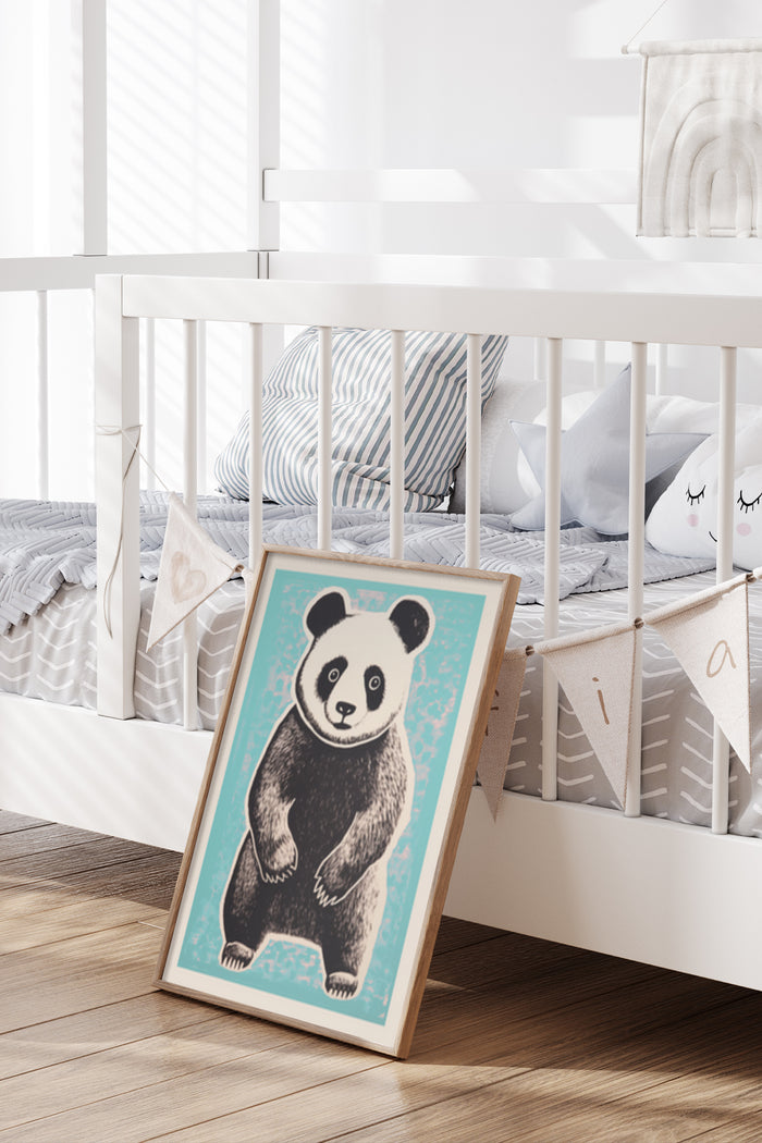 Vintage styled panda bear poster leaning against a white crib in a modern children's bedroom