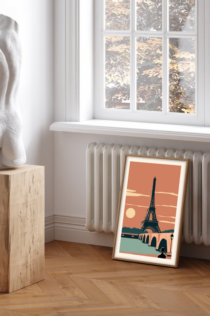 Vintage Paris Eiffel Tower poster leaning against a wall near a window with autumn leaves outside