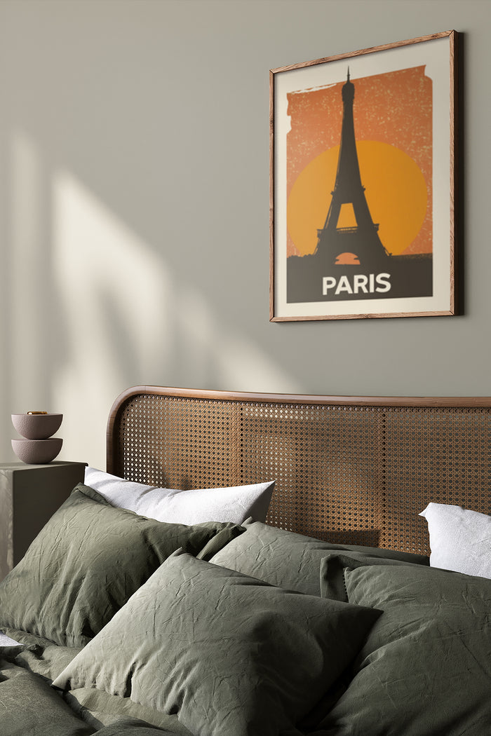 Vintage Paris Eiffel Tower Poster in Modern Bedroom Interior